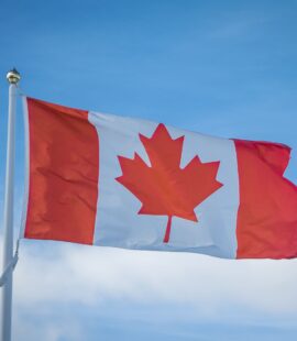 A vibrant Canadian flag waving in the breeze against a bright blue sky, symbolizing national pride.